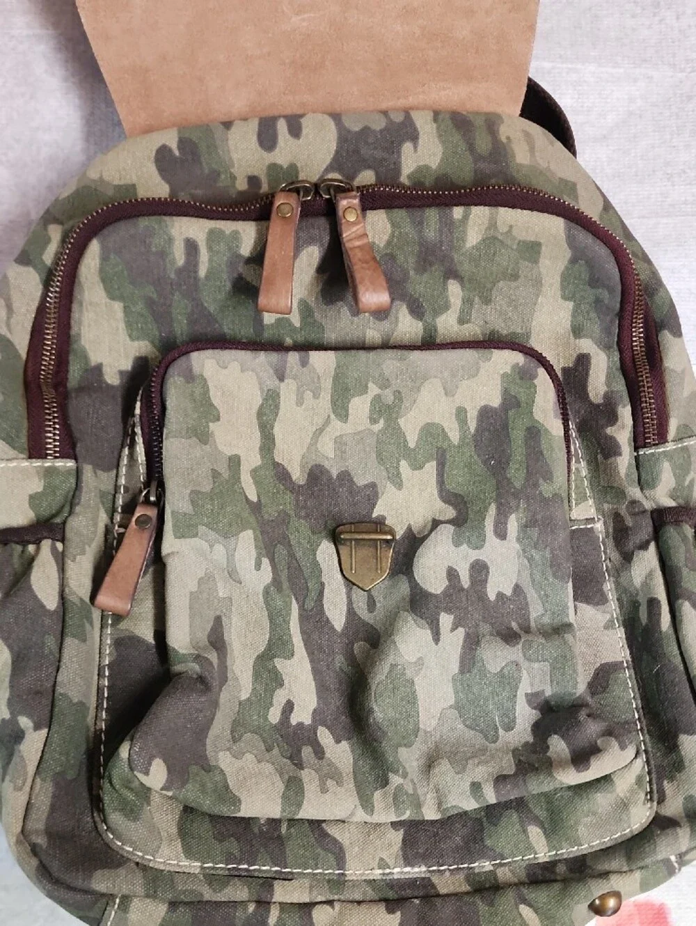Scully Camouflage & Leather Ranger Canvas Backpack with Brown Trim